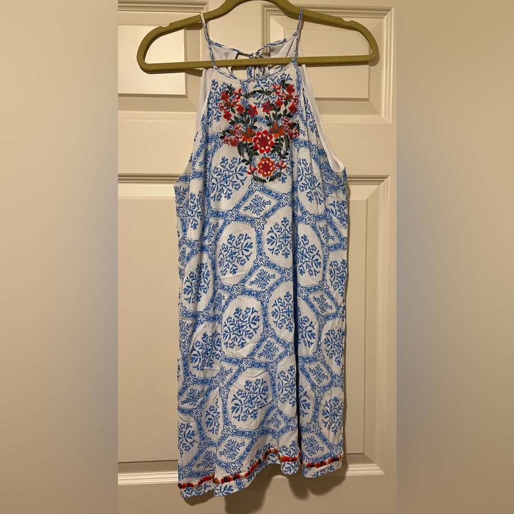 THML-Blue and White Halter Sundress with Floral Embroidery